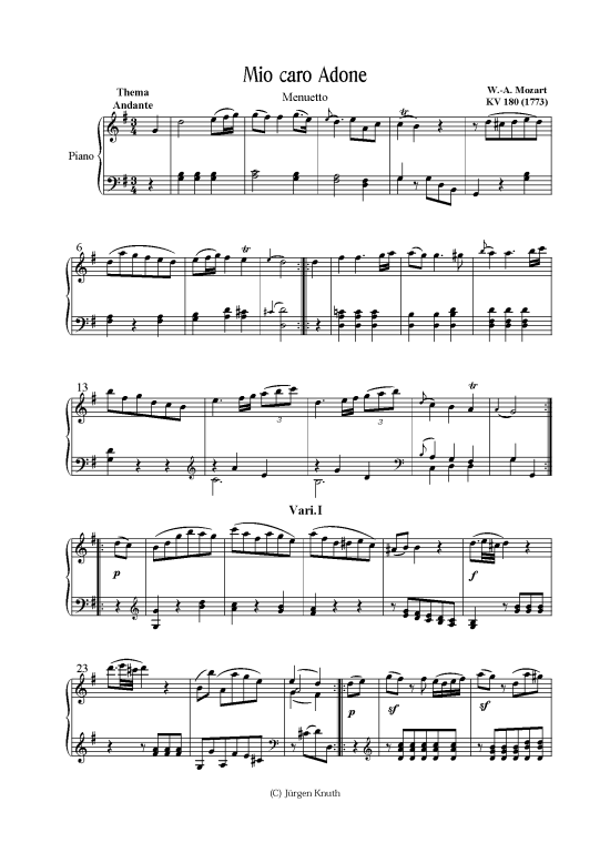 Mio caro Adone 6. Variationen KV 180 (Klavier Solo) (Klavier Solo) von W.-A. Mozart 