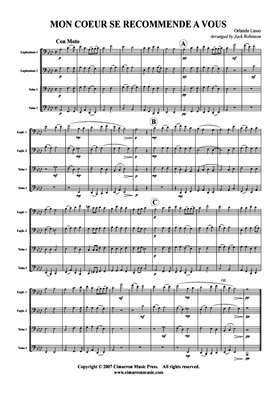 Mon Coeur Se Recommende a Vous (Tuba Quartett 2x Bariton 2xTuba) (Quartett (Tuba)) von Orlando di Lasso