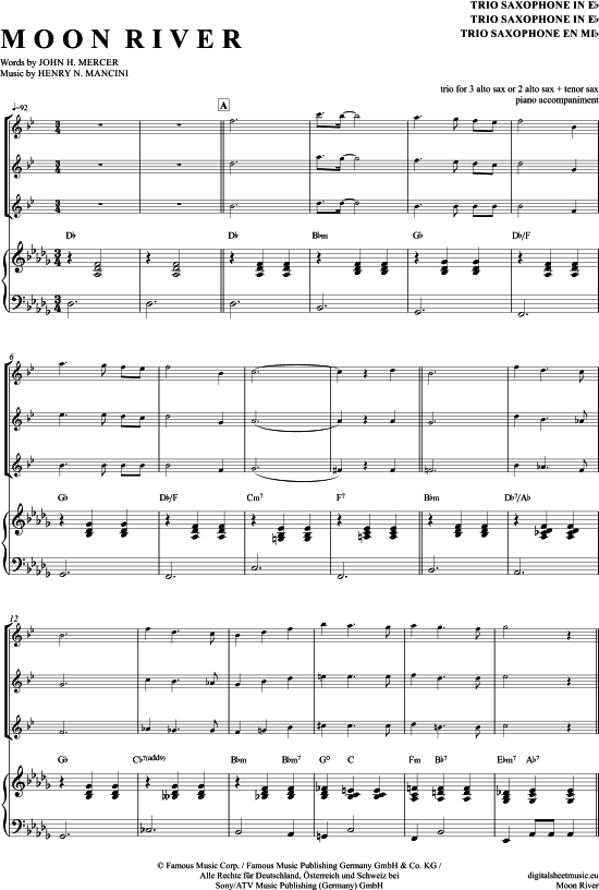 Moon River (Saxophon Trio AAA(T) + Klavier) (Trio (Saxophon)) von Henry Mancini