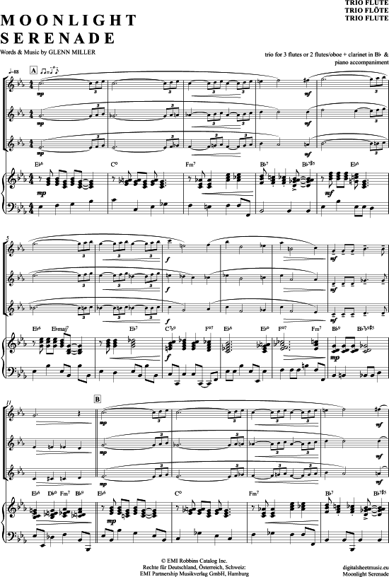 Moonlight Serenade (Fl ten Trio + Klavier) (Trio (Fl te)) von Glenn Miller and his Orchestra