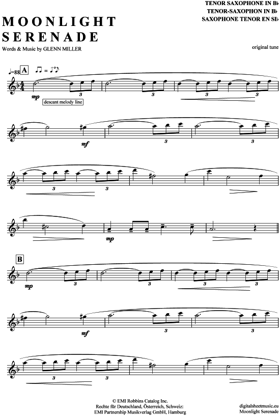 Moonlight Serenade (Tenor-Sax) (Tenor Saxophon) von Glenn Miller and his Orchestra