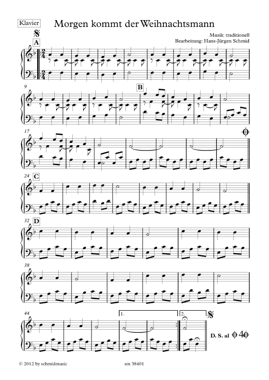 Morgen kommt der Weihnachtsmann Klavier (Streich-Quintett + Klavier) (Quintett (Streicher)) von Satz Hans-Juergen Schmid