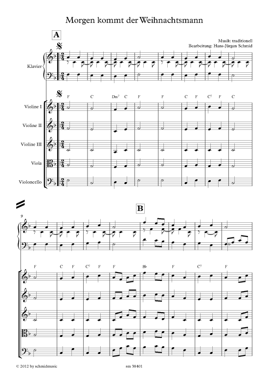 Morgen kommt der Weihnachtsmann Partitur (Streich-Quintett + Klavier) (Quintett (Streicher)) von Satz Hans-Juergen Schmid
