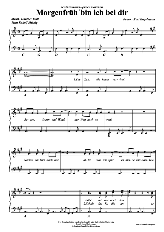 Morgenfr uuml h bin ich bei dir (Klavier + Gesang) (Klavier Gesang  Gitarre) von Zillertaler Sch uuml rzenj auml ger