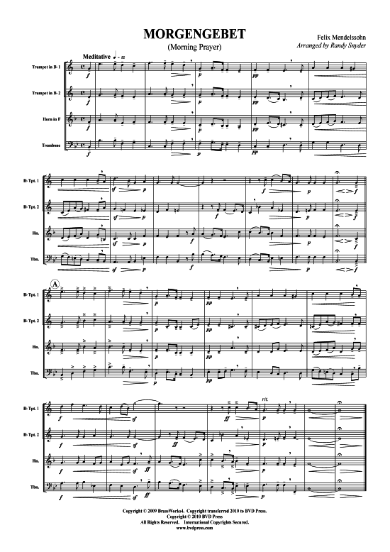 Morgengebet (2xTromp in B Horn in F (Pos) Pos) (Quartett (Blech Brass)) von Felix von Mendelssohn-Bartholdy