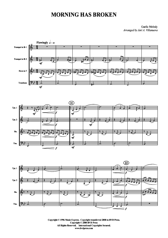 Morning Has Broken (2xTromp in B Horn in F (Pos) Pos) (Quartett (Blech Brass)) von Traditional