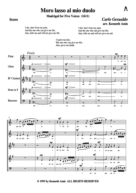 Moro lasso al mio duolo (Holzbl auml serquintett) (Quintett (Holzbl ser)) von Carlo Gesualdo (Madrigale 1611)