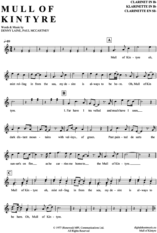 Mull of Kintyre (Klarinette in B) (Klarinette) von Paul McCartney
