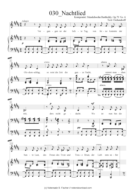 Nachtlied (Klavier + Gesang) (Klavier  Gesang) von Felix Mendelssohn Bartholdy (1809-1947)