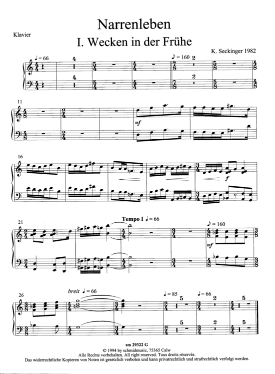 Narrenleben (Suite f uuml r Trompete + Ensemble) Klavier (Ensemble  Solo Instrument) von Konrad Seckinger (1982)