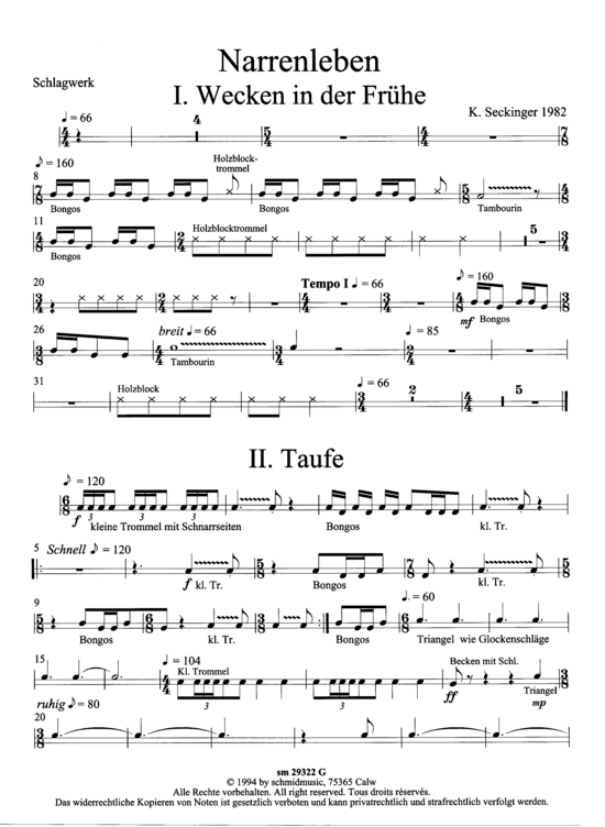 Narrenleben (Suite f uuml r Trompete + Ensemble) Schlagwerk (Ensemble  Solo Instrument) von Konrad Seckinger (1982)