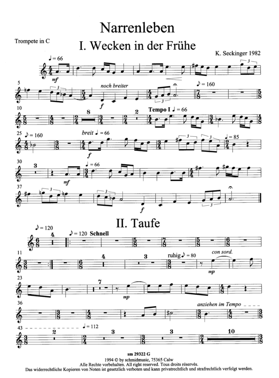 Narrenleben (Suite f uuml r Trompete + Ensemble) Trompete (Ensemble  Solo Instrument) von Konrad Seckinger (1982)