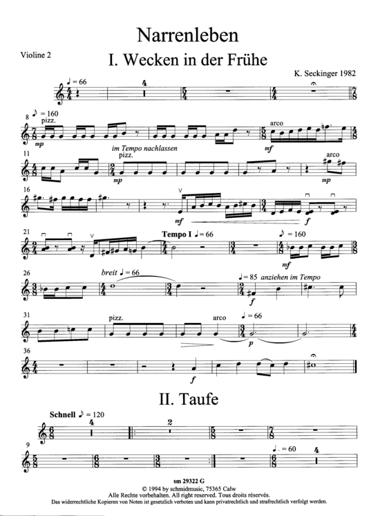 Narrenleben (Suite f uuml r Trompete + Ensemble) Violine2 (Ensemble  Solo Instrument) von Konrad Seckinger (1982)