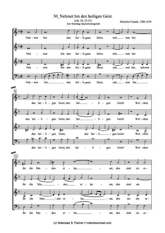 Nehmet hin den heiligen Geist (Gemischter Chor) (Gemischter Chor) von Melchior Franck (1580-1639)