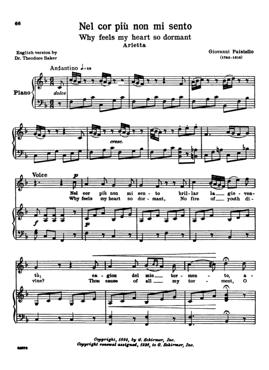 Nel cor pi non mi sento (Gesang hoch + Klavier) (Klavier  Gesang hoch) von Giovanni Paisiello