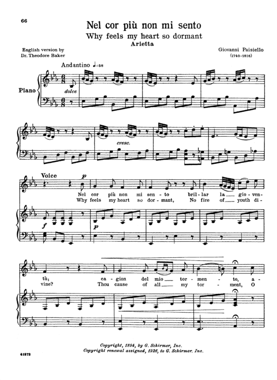 Nel cor pi non mi sento (Gesang tief + Klavier) (Klavier  Gesang tief) von Giovanni Paisiello