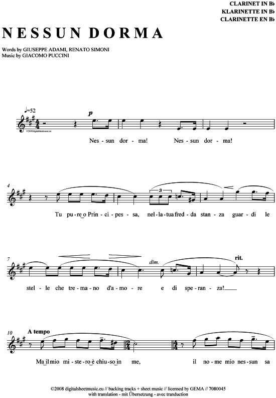 Nessun dorma (Klarinette in B) (Klarinette) von Paul Potts  G. Puccini
