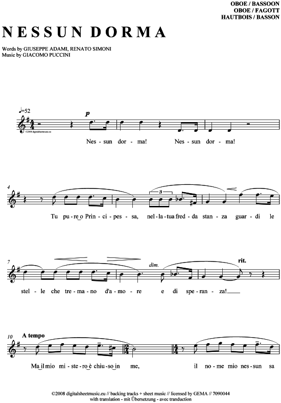 Nessun dorma (Oboe  Fagott) (Oboe Fagott) von Paul Potts  G. Puccini