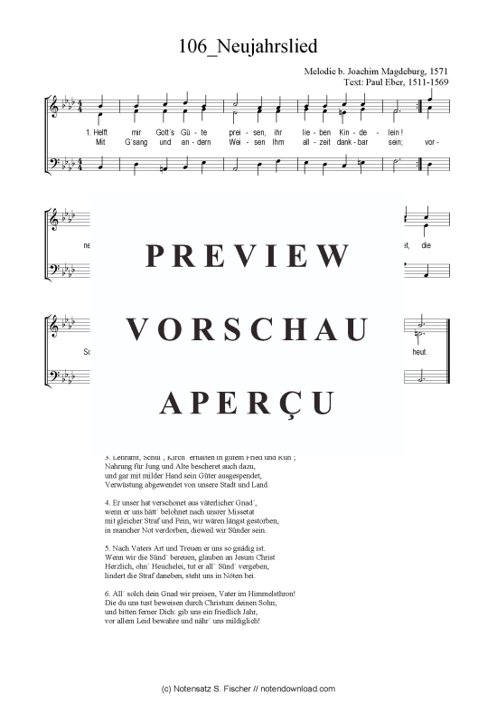 Neujahrslied (Gemischter Chor SAB) (Gemischter Chor (SAB)) von Melodie b. Joachim Magdeburg 1571  Paul Eber 1511-1569
