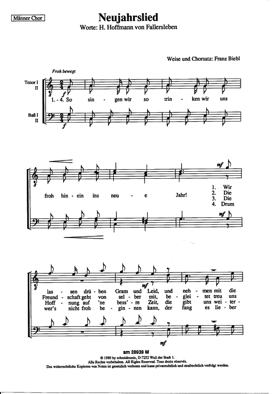 Neujahrslied (M auml nnerchor) (M nnerchor) von Franz Biebl (Lied zum Jahreswechsel)