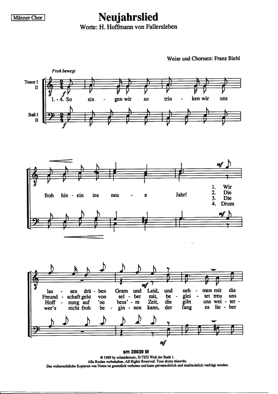 Neujahrslied (M auml nnerchor) (M nnerchor) von Franz Biebl