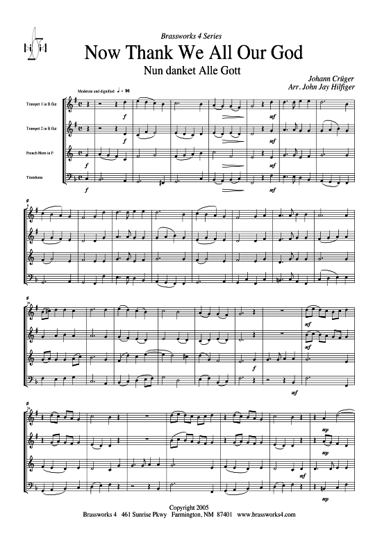 Nun danket alle Gott (2xTromp in B Horn in F (Pos) Pos) (Quartett (Blech Brass)) von Johann Cr ger