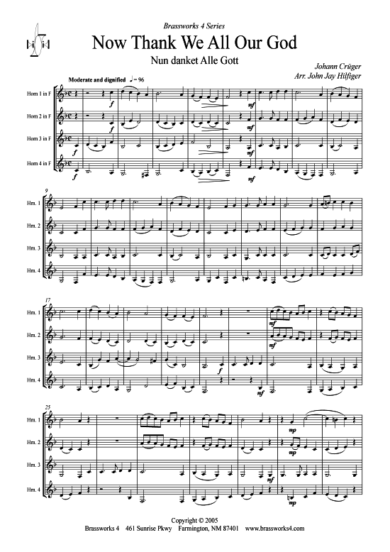 Nun danket alle Gott (Horn Quartett) (Quartett (Horn)) von Johann Cr ger