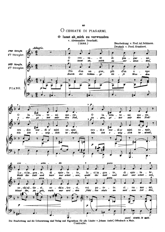O cessate di piagarmi (Gesang tief + Klavier) (Klavier  Gesang tief) von Alessandro Scarlatti