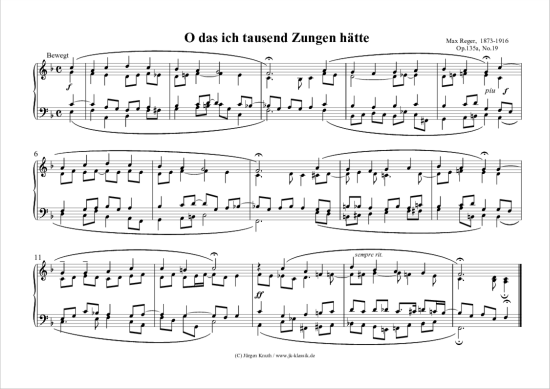 O das ich tausend Zungen h tte Op.135a No.19 (Klavier Orgel Solo) (Klavier Solo) von Max Reger