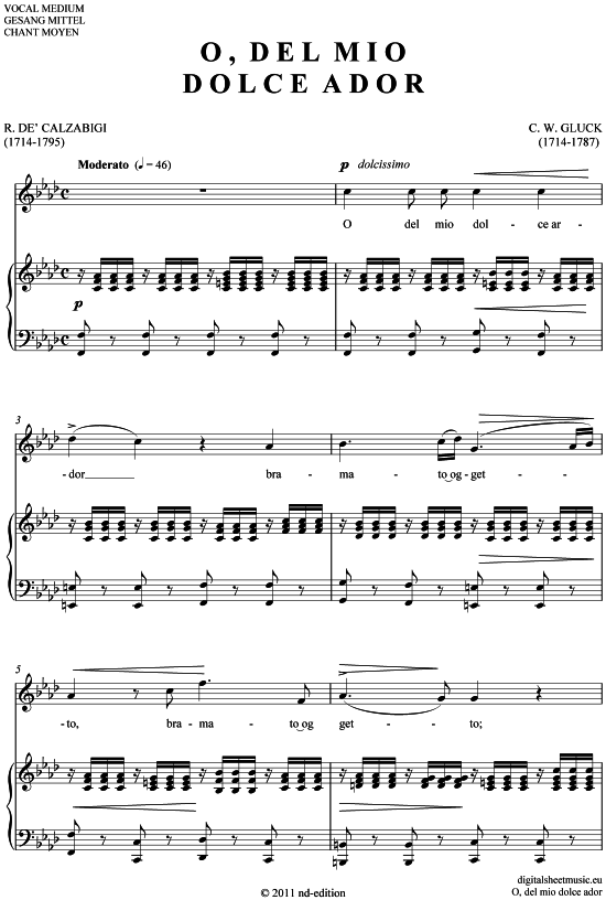 O del mio dolce ador (mittel C - G ) (Klavier  Gesang) von Christoph Willibald Gluck
