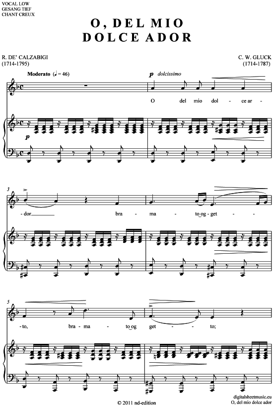 O del mio dolce ador (tief A - E ) (Klavier  Gesang) von Christoph Willibald Gluck