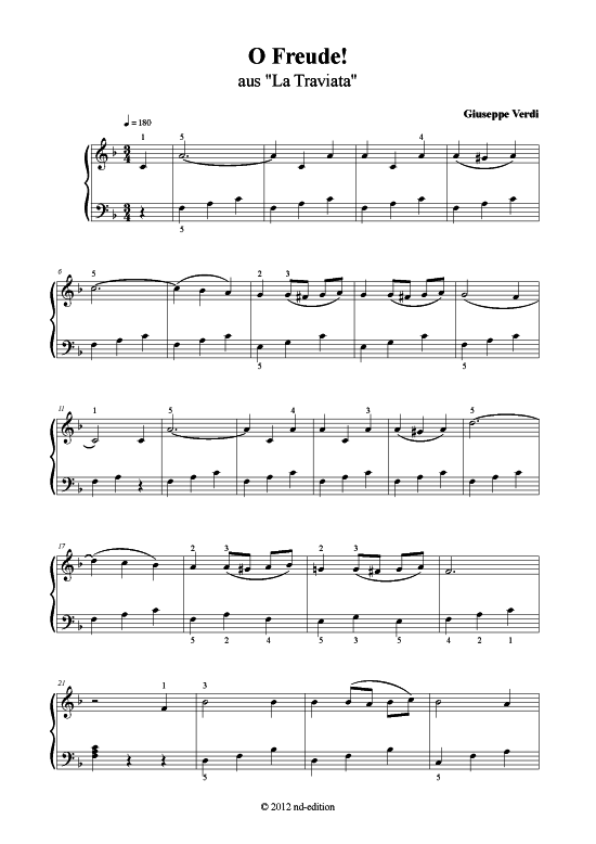 O Freude (Klavier solo einfach) (Klavier einfach) von Giuseppe Verdi (bearb. aus La Traviata)