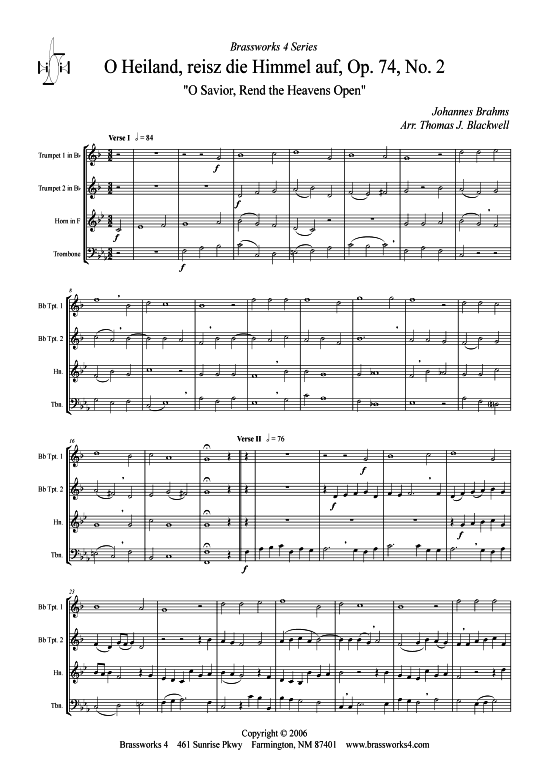 O Heiland reiss die Himmel auf (2xTromp in B Horn in F (Pos) Pos) (Quartett (Blech Brass)) von Johannes Brahms (Op. 74 Nr. 2)