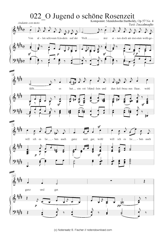 O Jugend o sch ne Rosenzeit (Klavier + Gesang) (Klavier  Gesang) von Felix Mendelssohn Bartholdy (1809-1947)