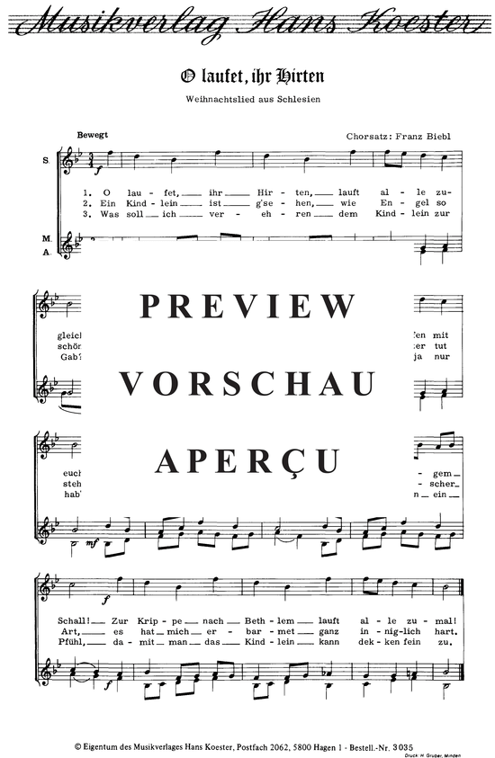 O laufet  ihr Hirten (Frauenchor 3-stimmig) (Frauenchor) von Weihnachtslied aus Schlesien