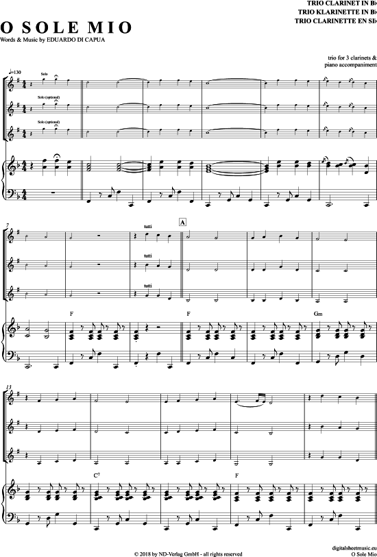 O Sole Mio (Klarinetten Trio + Klavier) (Trio (Klarinette)) von Luciano Pavarotti
