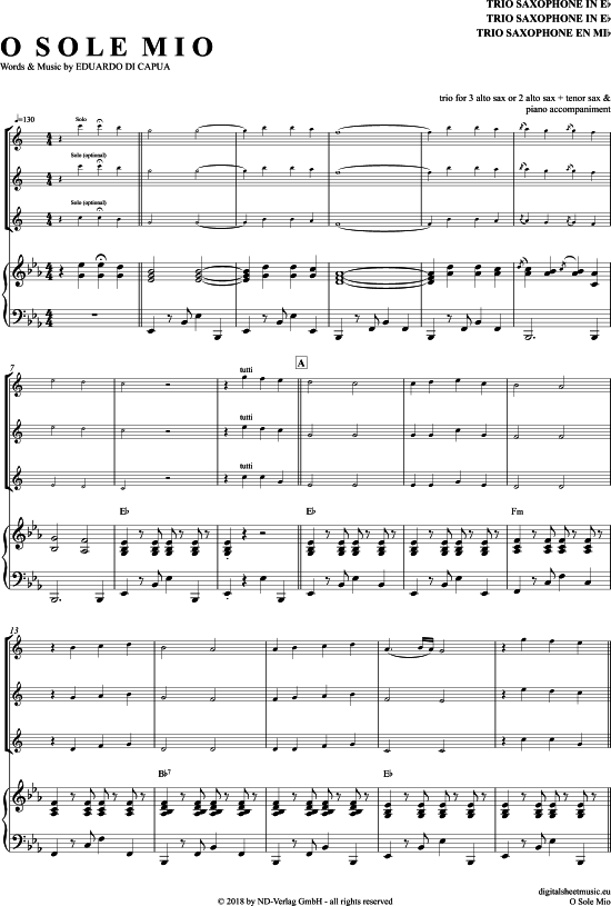 O Sole Mio (Saxophon Trio AAA(T) + Klavier) (Trio (Saxophon)) von Luciano Pavarotti