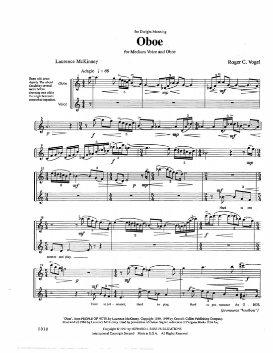 Oboe (Mittlere Stimme und Oboe) (Duett (2 St.)) von Roger C. Vogel
