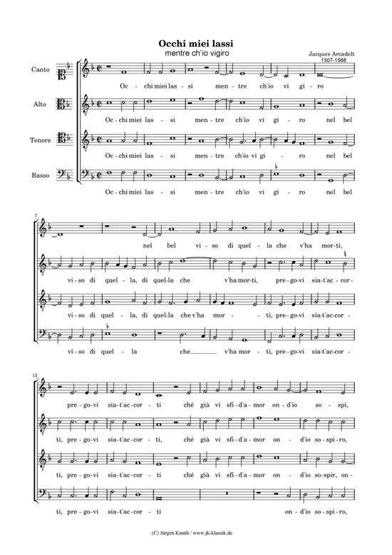 Occhi miei lassi (Gemischter Chor) (Gemischter Chor) von Jacques Arcadelt