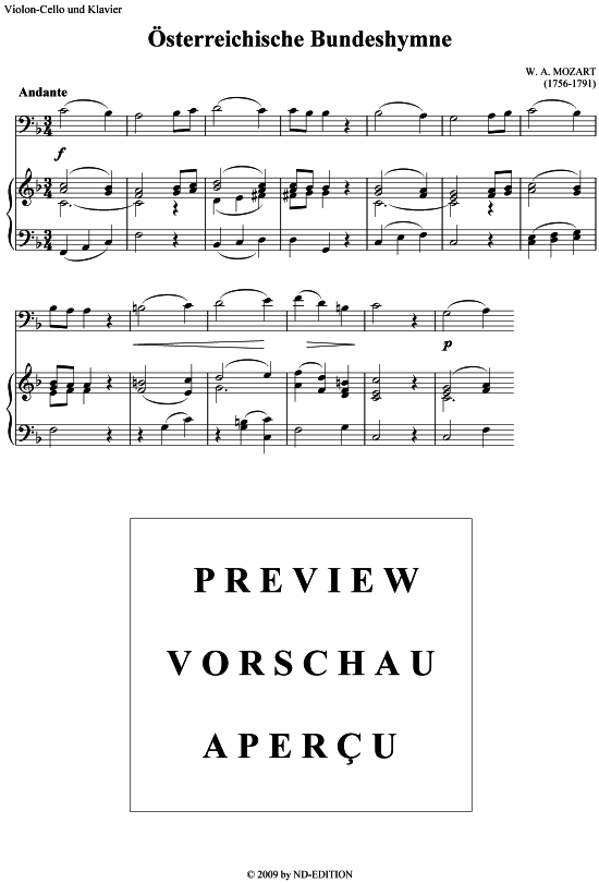  sterreichische Bundeshymne (Cello + Klavier) (Klavier  Violoncello) von W. A. Mozart