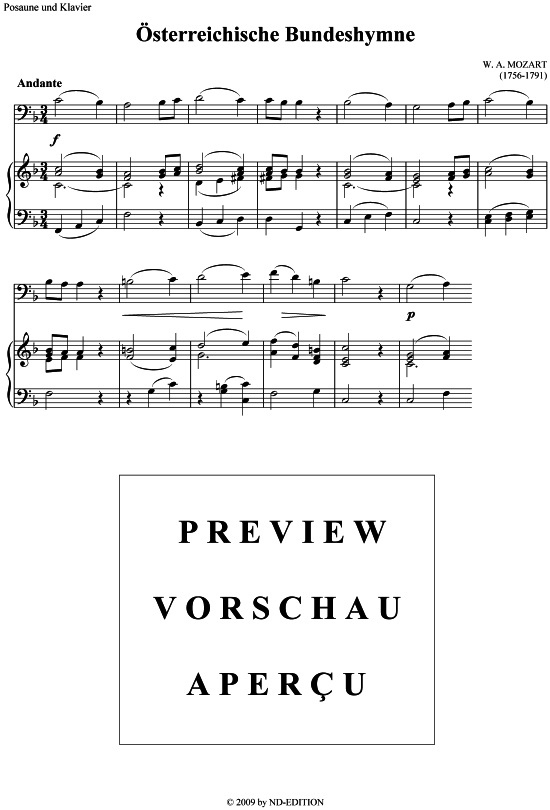  sterreichische Bundeshymne (Posaune + Klavier) (Klavier  Posaune) von W. A. Mozart