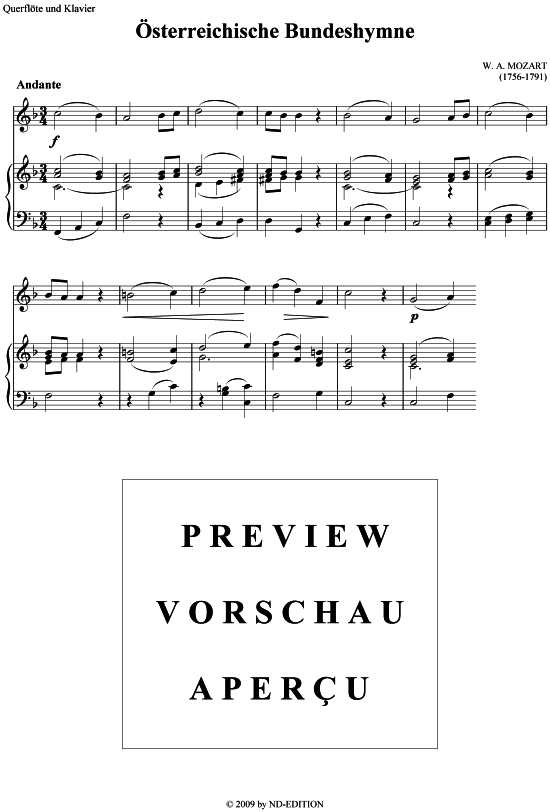  sterreichische Bundeshymne (Querfl te + Klavier) (Klavier  Querfl te) von W. A. Mozart