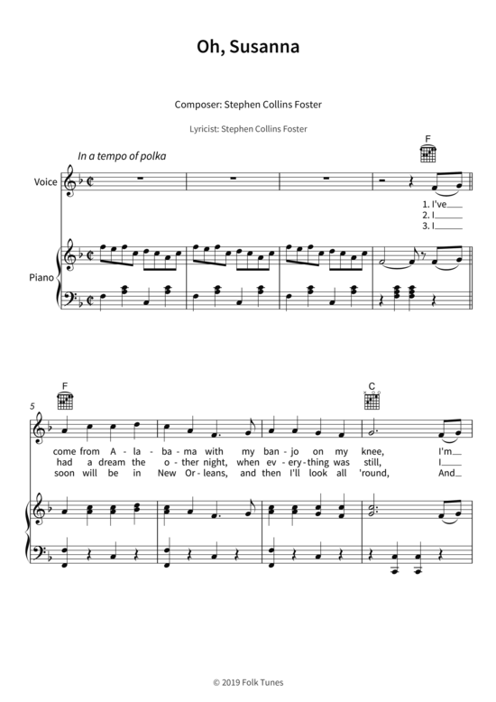 Oh Susanna (Gesang + Klavier Gitarre) (Klavier  Gesang) von Stephen Collins Foster