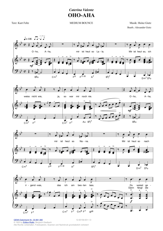 Oho-Aha (Klavier + Gesang) (Klavier Gesang  Gitarre) von Caterina Valente
