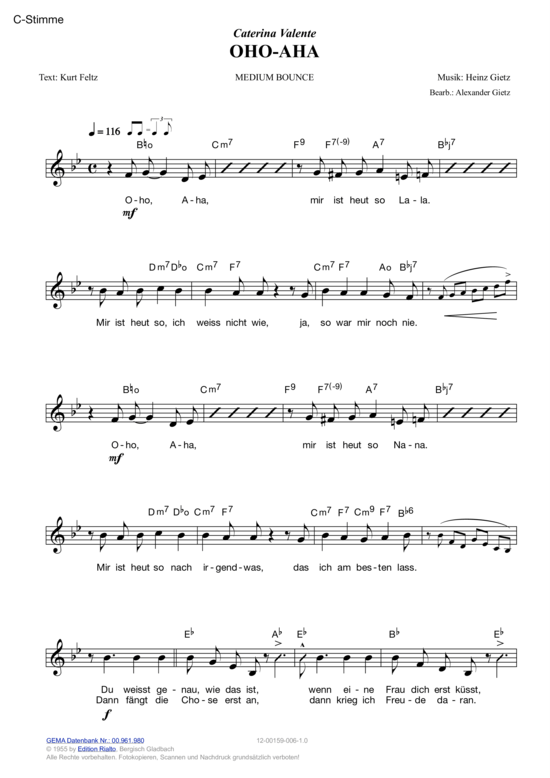 Oho-Aha (Melodie-Stimmen in C B Es) (Stimmen in C B Es) von Caterina Valente