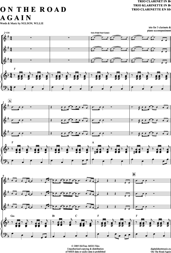 On The Road Again (Klarinetten Trio + Klavier) (Trio (Klarinette)) von Willie Nelson