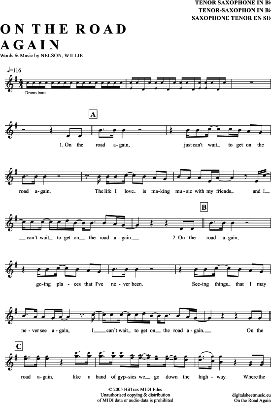 On The Road Again (Tenor-Sax) (Tenor Saxophon) von Willie Nelson