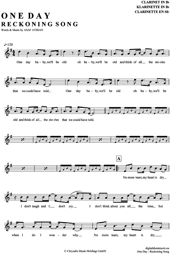 One day - Reckoning Song (Klarinette in B) (Klarinette) von Asaf Avidan