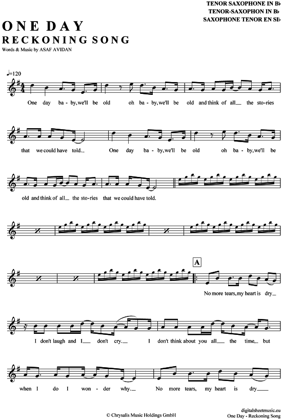 One day - Reckoning Song (Tenor-Sax) (Tenor Saxophon) von Asaf Avidan