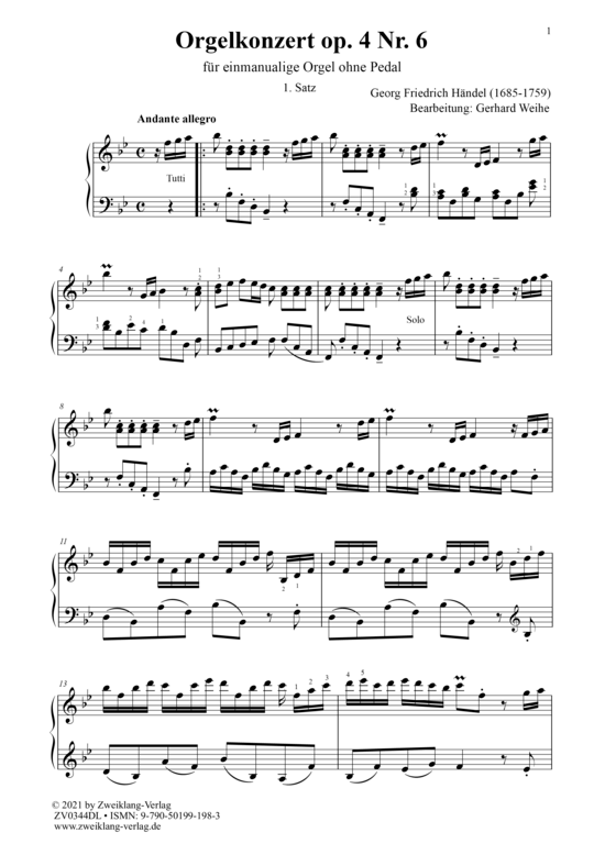 Orgelkonzert op. 4 Nr. 6 B-Dur (Orgel Solo) (Orgel Solo) von Georg Friedrich H ndel Gerhard Weihe